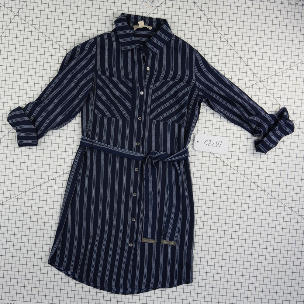NWT Michael Michael Kors Shirt‎ Dress Women's Size 6 Navy Blue Belted Striped - Picture 9 of 9